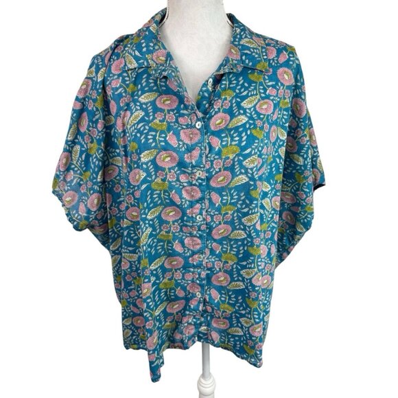 Natural Life Kelly Women's OS Oversized Boxy SS Kimono Top Heathered Blue Floral - Picture 2 of 9